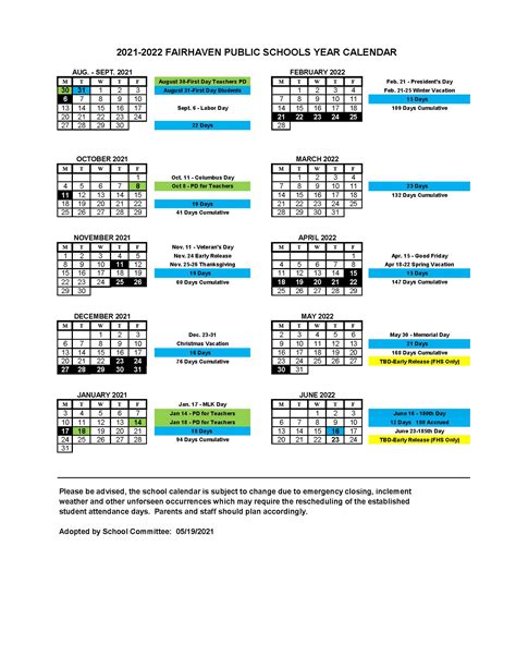 tcbdd fairhaven school calendar